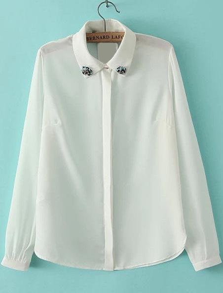 Romwe Lapel With Bead Chiffon White Blouse