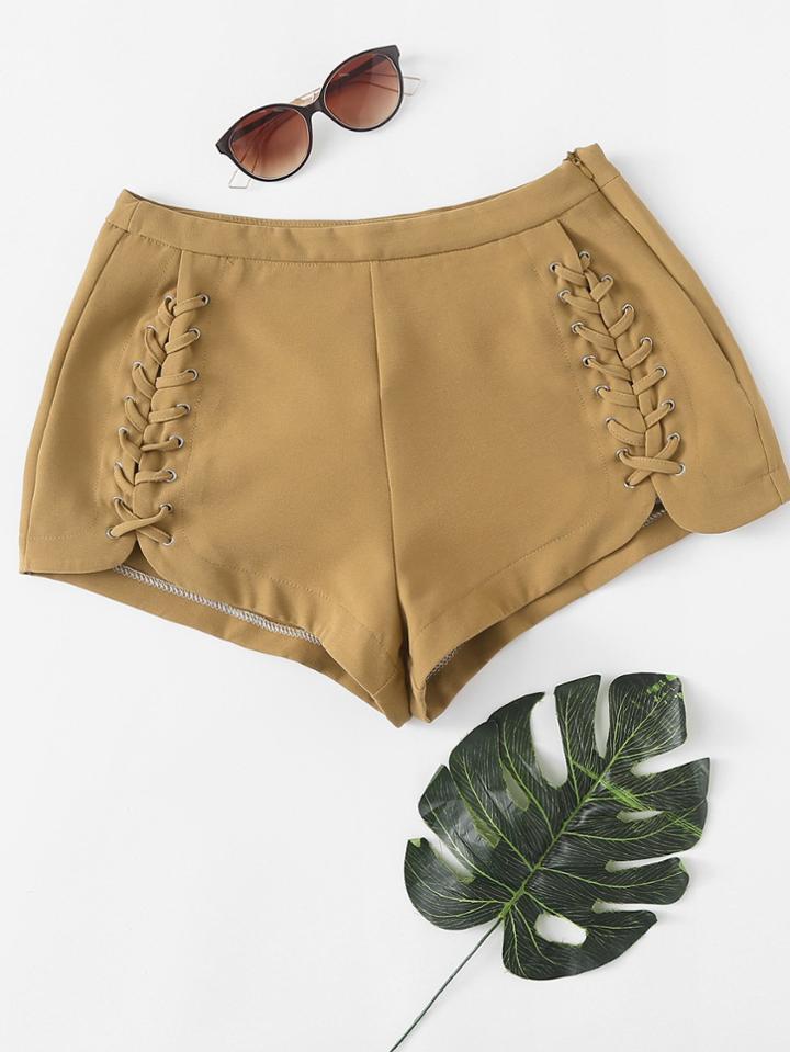 Romwe Eyelet Lace Up Zip Up Side Short