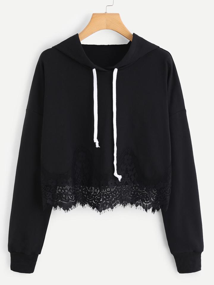 Romwe Lace Trim Drawstring Hoodie