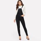 Romwe Button Side Pocket Patched Solid Jumpsuit
