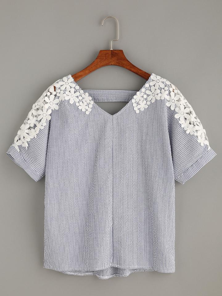 Romwe Blue Vertical Striped Crochet Insert Blouse