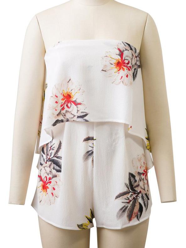 Romwe Florals Strapless Ruffle Zipper Back Romper