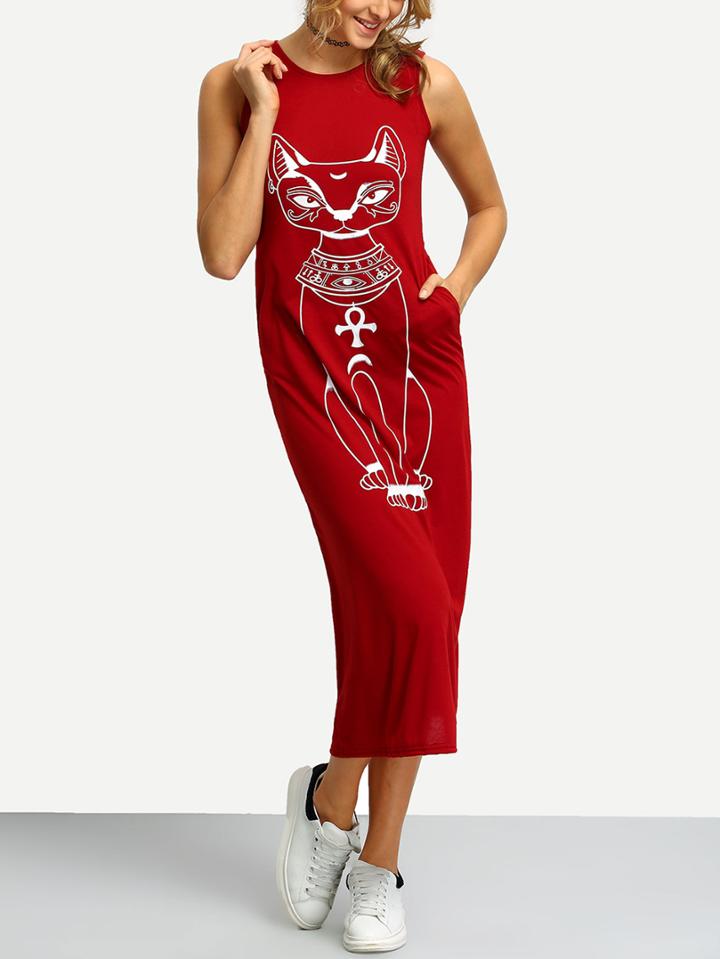 Romwe Burgundy Sleeveless Cat Print Slim Dress