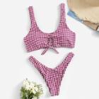 Romwe Gingham Knot Front Top With High Cut Bikini