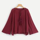 Romwe Fringe Knot Front Solid Blouse