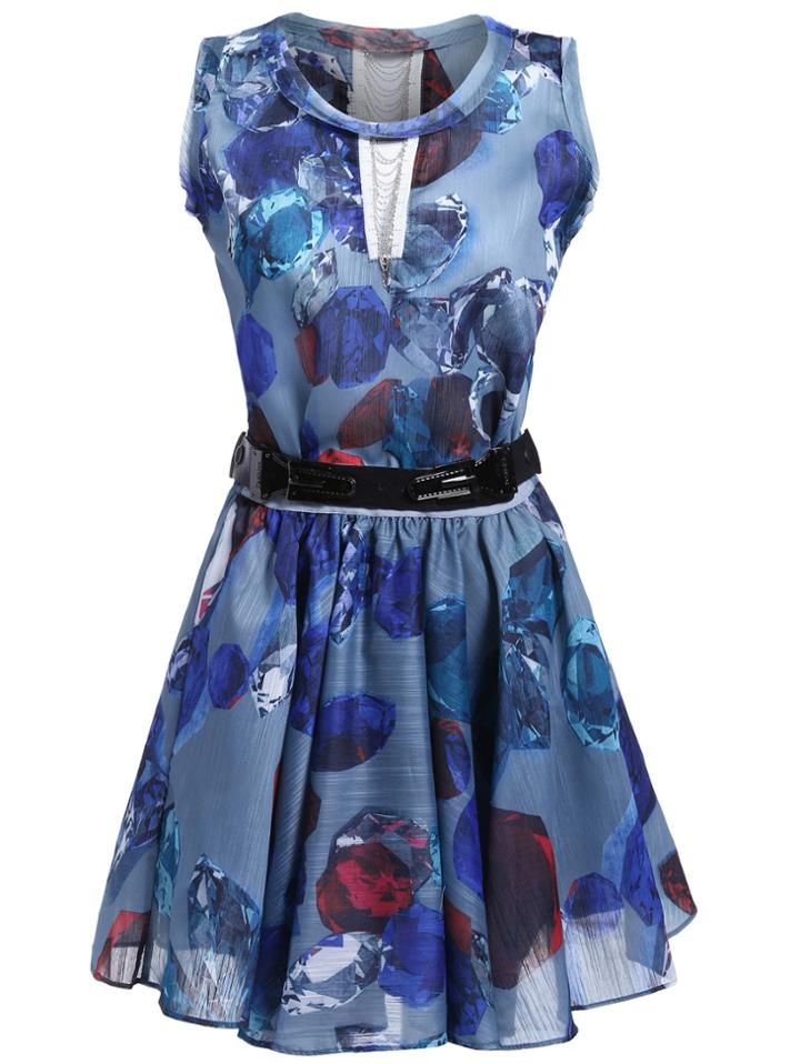 Romwe Dip Hem Gemstone Print Top With Belt Skirt