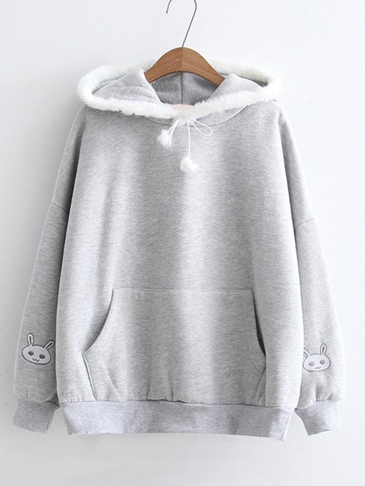 Romwe Faux Fur Trim Rabbit Embroidery Hoodie