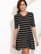 Romwe Black V Neck Elbow Sleeve Print A-line Dress