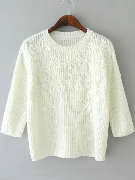 Romwe Round Neck Disc Flowers White Sweater