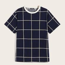 Romwe Guys Contrast Neck Grid Top