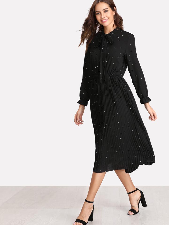 Romwe Tie Neck Spot Dress