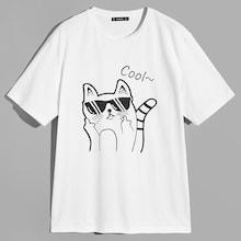 Romwe Guys Cartoon Cat & Letter Print T-shirt