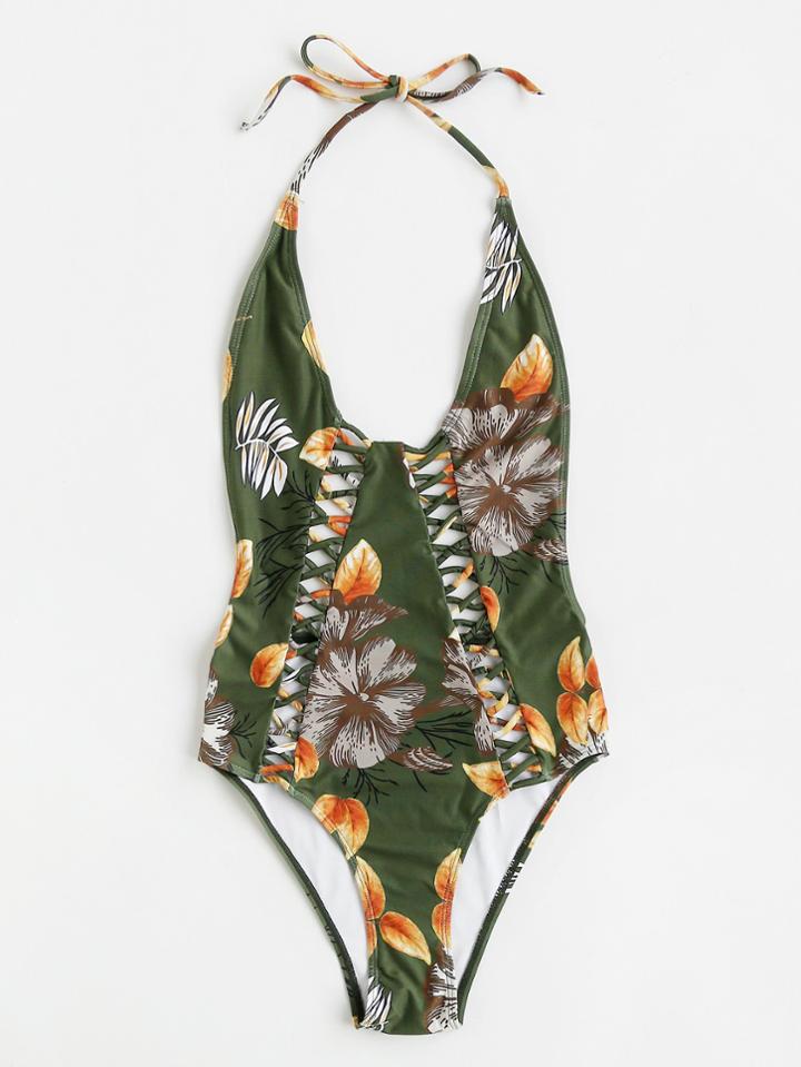 Romwe Criss Cross Plunge Neckline Backless Swimsuit