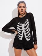 Romwe Halloween Skeleton Frayed Jumper