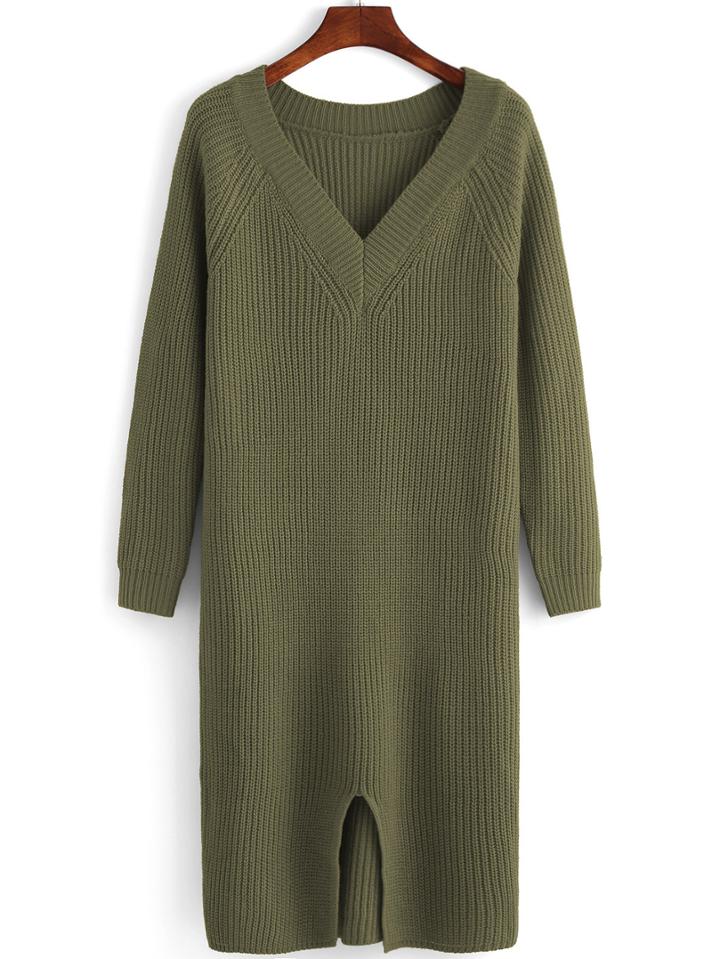 Romwe V Neck Slit Army Green Sweater Dress
