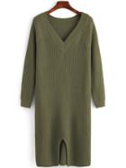 Romwe V Neck Slit Army Green Sweater Dress