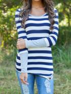 Romwe Long Sleeve Striped Buttons Asymmetrical Blue T-shirt