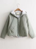 Romwe Light Green Back Pocket Padded Coat With Cute Hooded