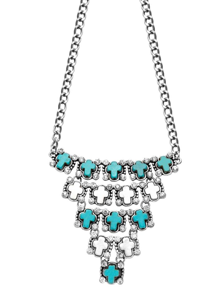 Romwe Silver Tone Cross Inlay Rhinestone Boho Necklace