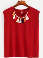 Romwe Burgundy Fringe Keyhole Sleeveless T-shirt
