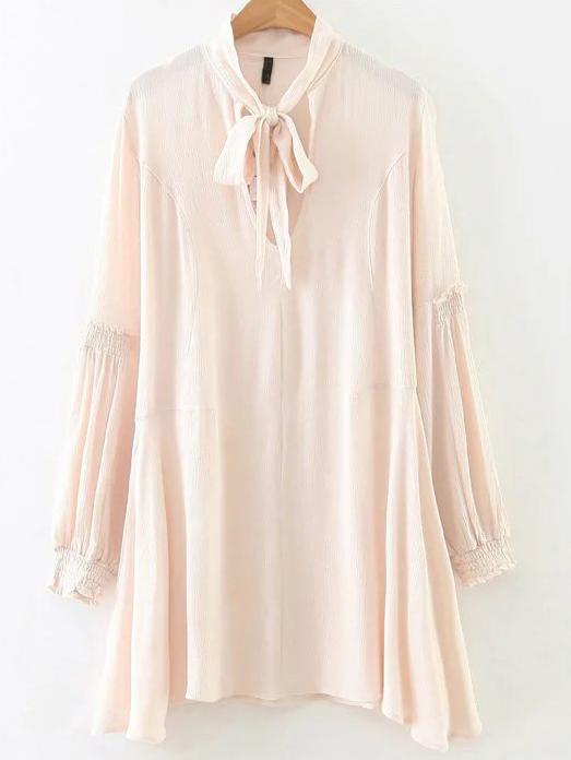 Romwe Apricot Tie Neck Long Sleeve Asymmetrical Hem Dress