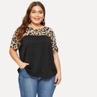 Romwe Plus Leopard Yoke Cut-and-sew Curved Hem T-shirt