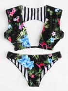 Romwe Flower Print Plunge Neck Bikini Set