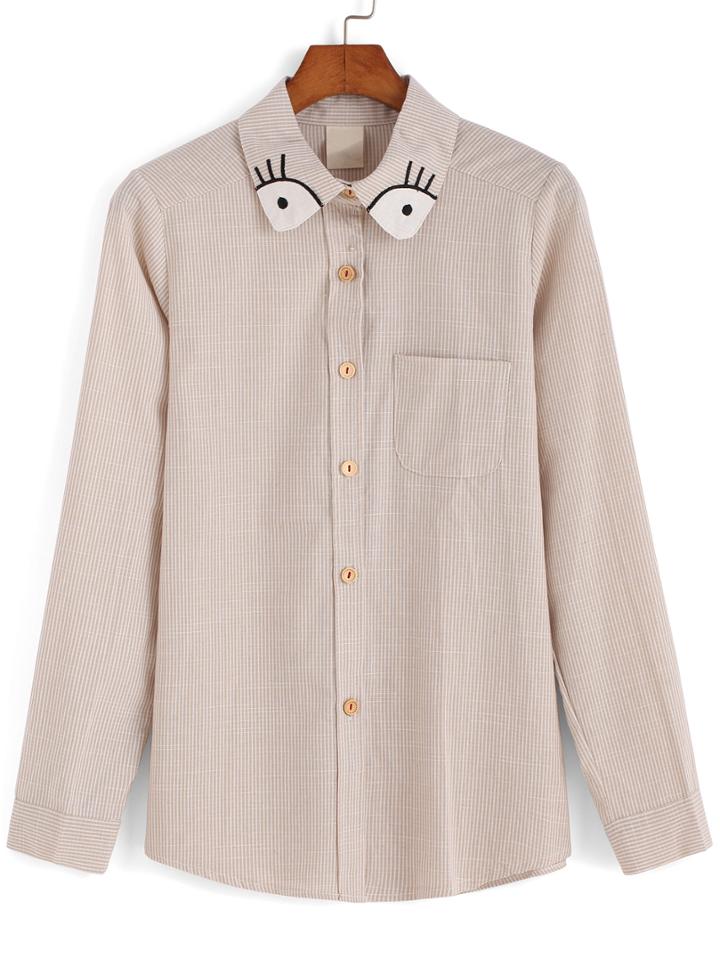 Romwe Lapel Eye Embroidered Vertical Striped Khaki Blouse