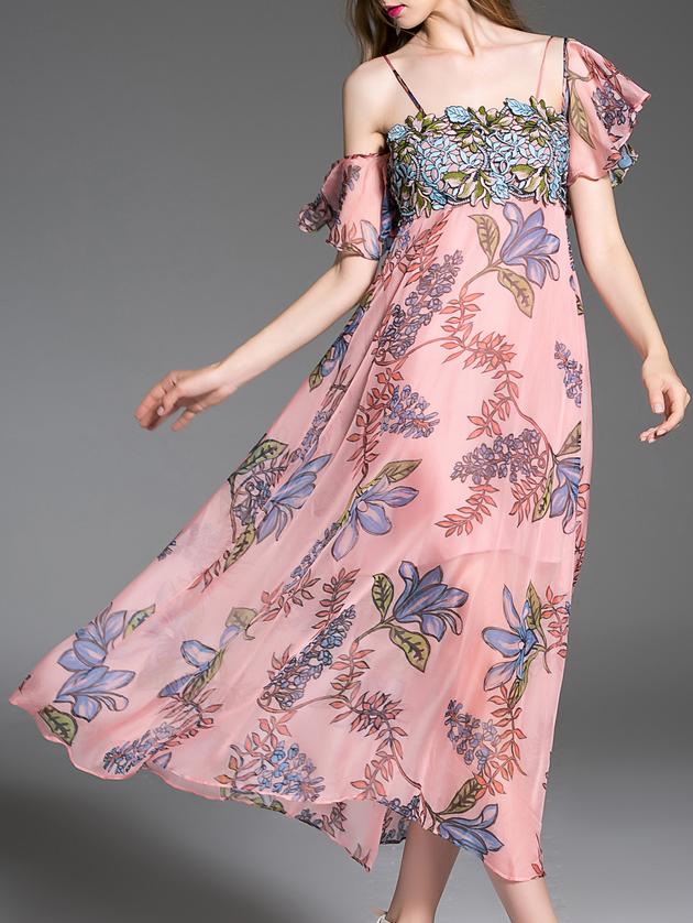 Romwe Pink Spaghetti Strap Ruffle Crochet Print Dress