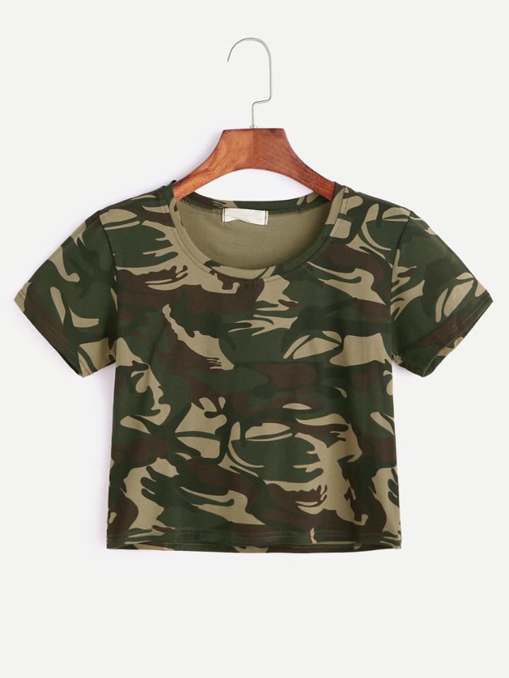 Romwe Camouflage Print Crop T-shirt
