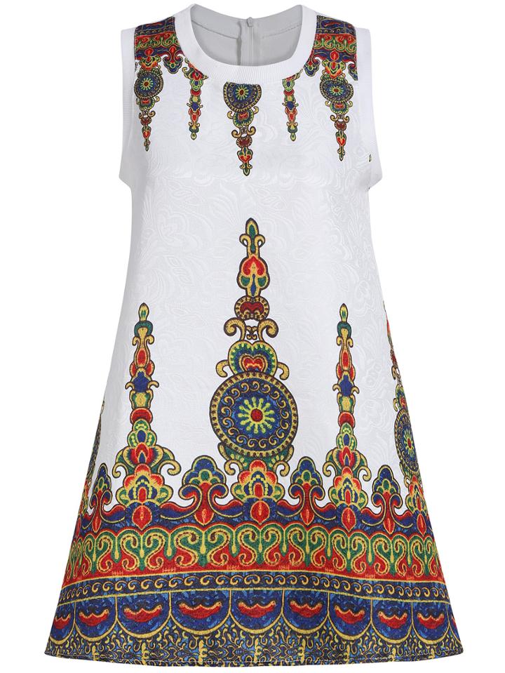 Romwe Sleeveless Vintage Print A-line Dress