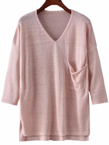 Romwe Pink Pocket Dip Hem Pullover Sweater