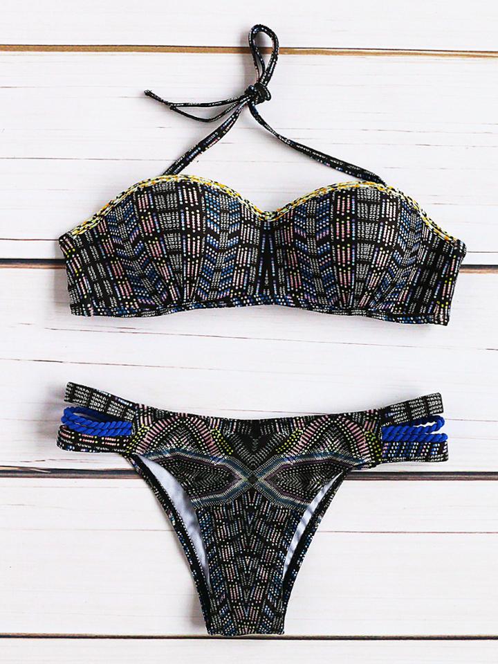 Romwe Multicolor Ladder Cutout Halter Bikini Set