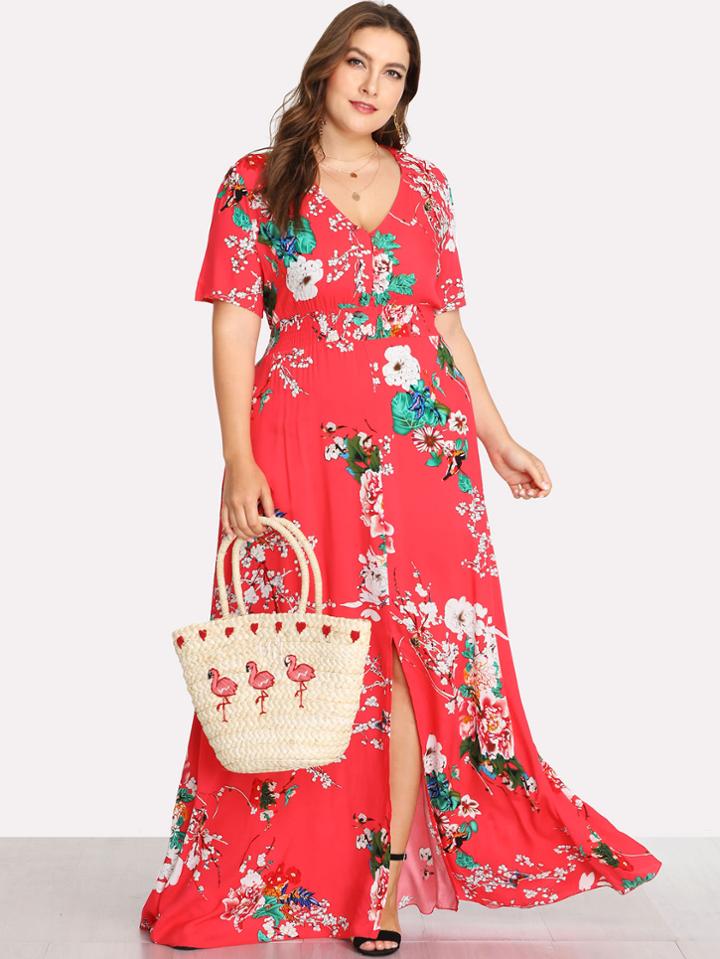 Romwe Button Front Smocked Waist Floral Dress