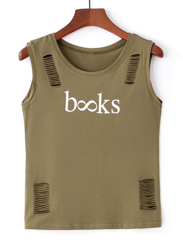 Romwe Letter Print Ripped Vest Top