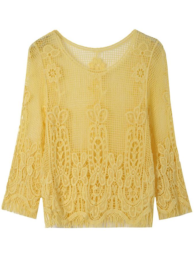 Romwe Yellow Lace Crochet Cropped Blouse