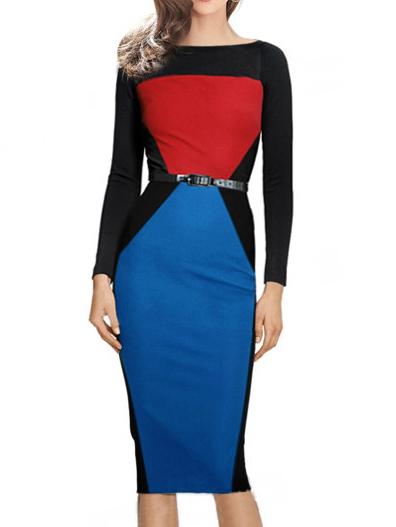 Romwe Color-block Long Sleeve Pencil Dress