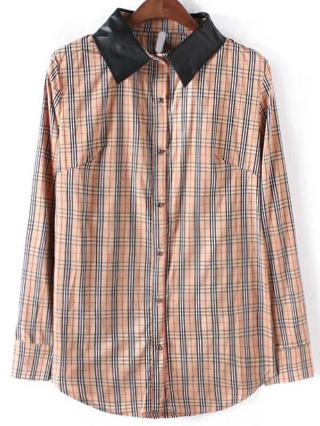 Romwe Contrast Pu Plaid Blouse