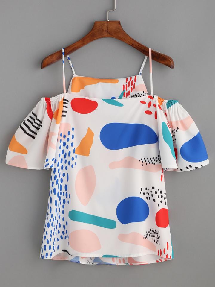 Romwe White Abstract Print Cold Shoulder Ruffle Blouse