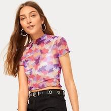 Romwe Mesh Camo Print Lettuce Trim Crop Blouse