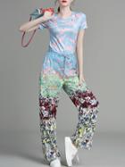 Romwe Multicolor Birds Floral Drawstring Top With Pants