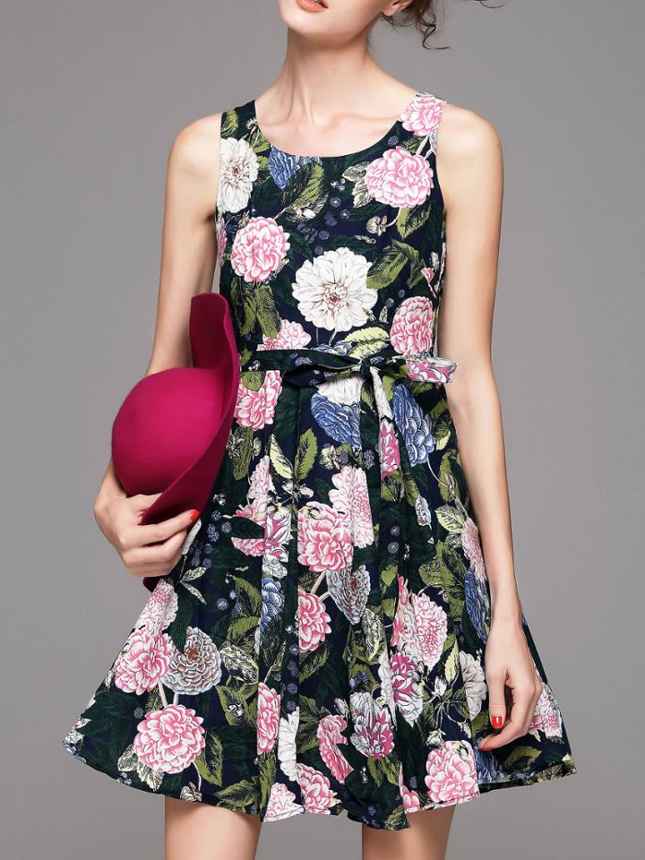 Romwe Black Tank Neck Tie-waist Floral Dress