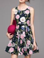 Romwe Black Tank Neck Tie-waist Floral Dress