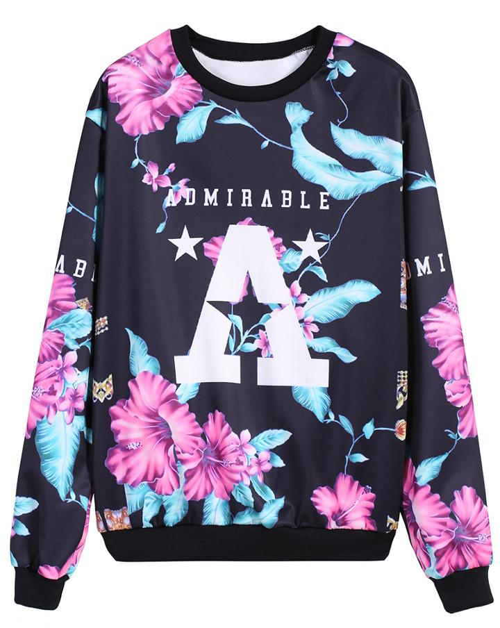 Romwe Floral Letters Print Sweatshirt