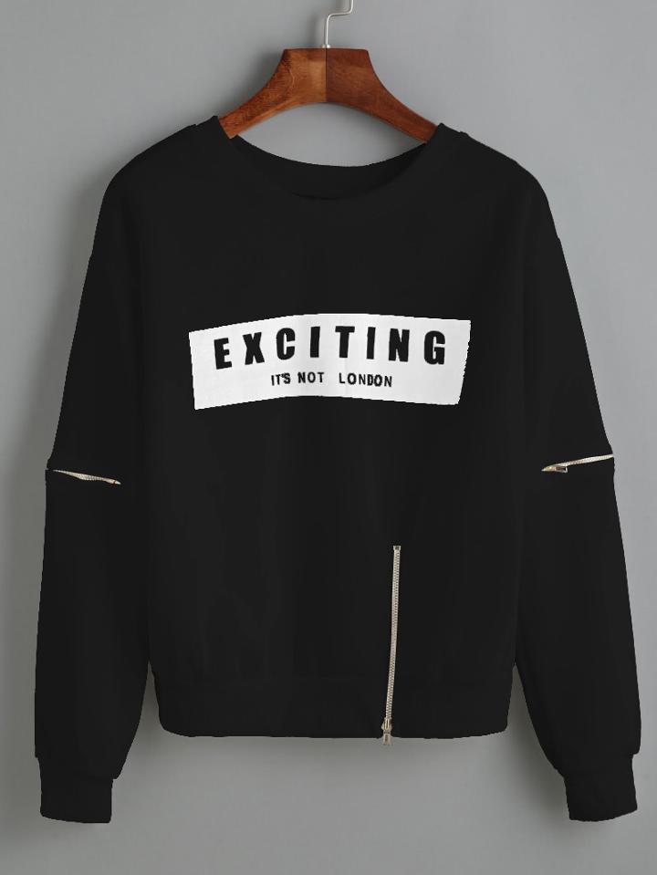 Romwe Letter Print Zip Detail Dropped Shoulder Sweatshirt