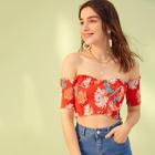 Romwe Floral Print Bardot Crossover Top