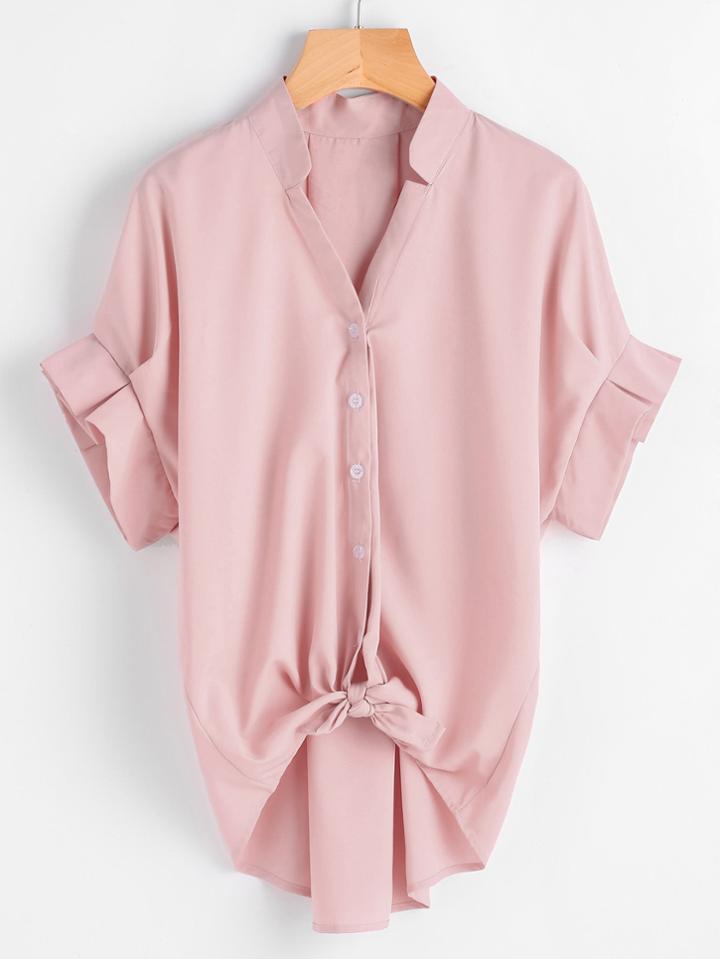 Romwe Frill Cuff Knotted Front Dip Hem Blouse