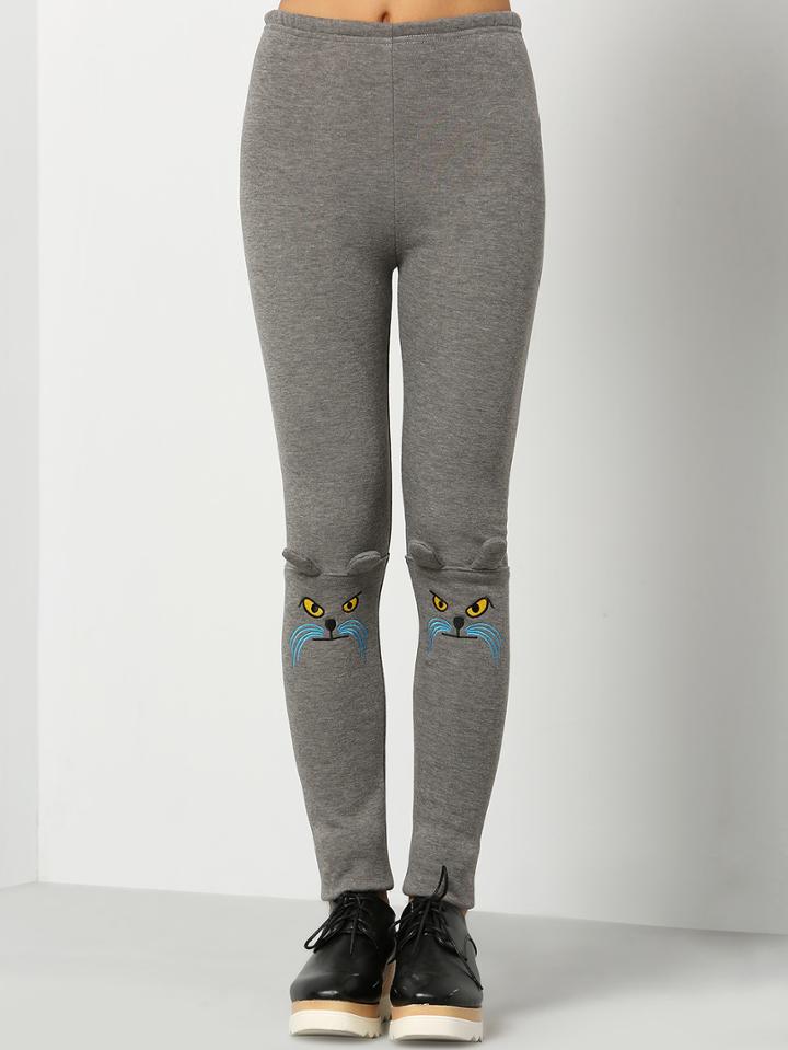 Romwe Elastic Waist Cat Embroidered Leggings