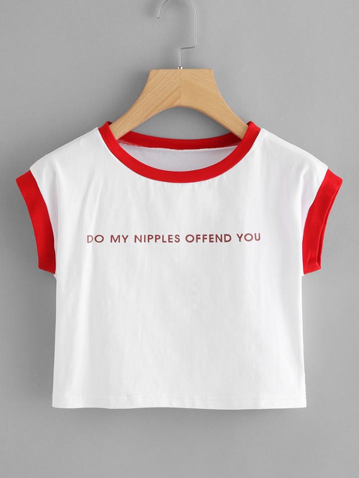 Romwe Ringer Slogan Cap Sleeve Crop Tee