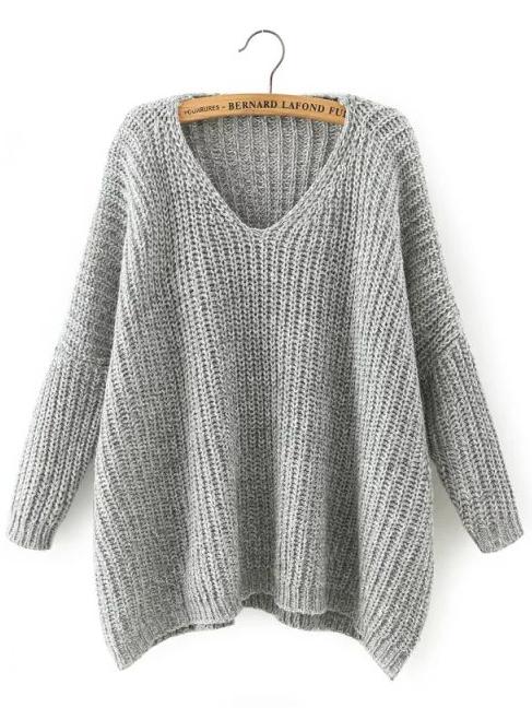 Romwe Light Grey V Neck Batwing Sleeve Loose Sweater